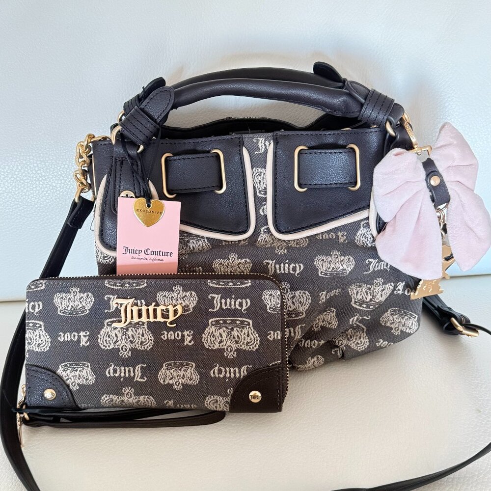 NWT JUICY COUTURE FAN CLUB CROSSBODY BAG BROWN W PINK BOW CHARM & WALLET